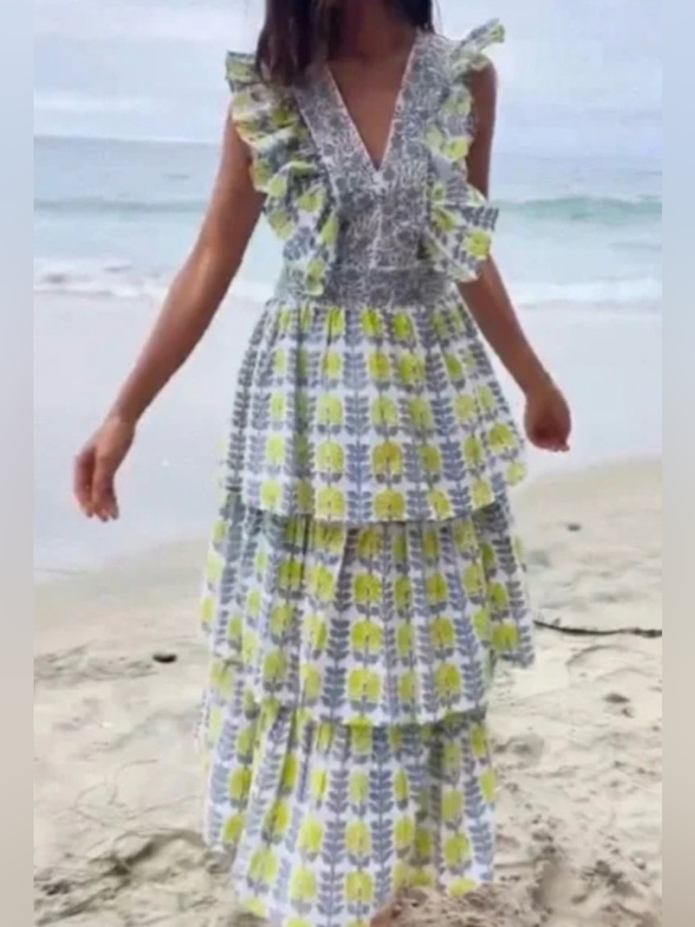 Marea Fiesta Yellow & Gray Tiered Ruffle Maxi Dress
